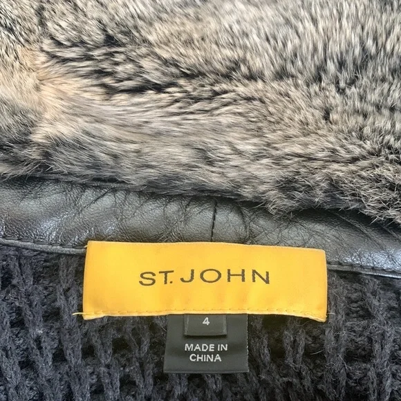 ST. JOHN Designer fur Coat Jacket Leather Wool Rabbit Gray S 4 6 Luxury - Picture 8 of 14